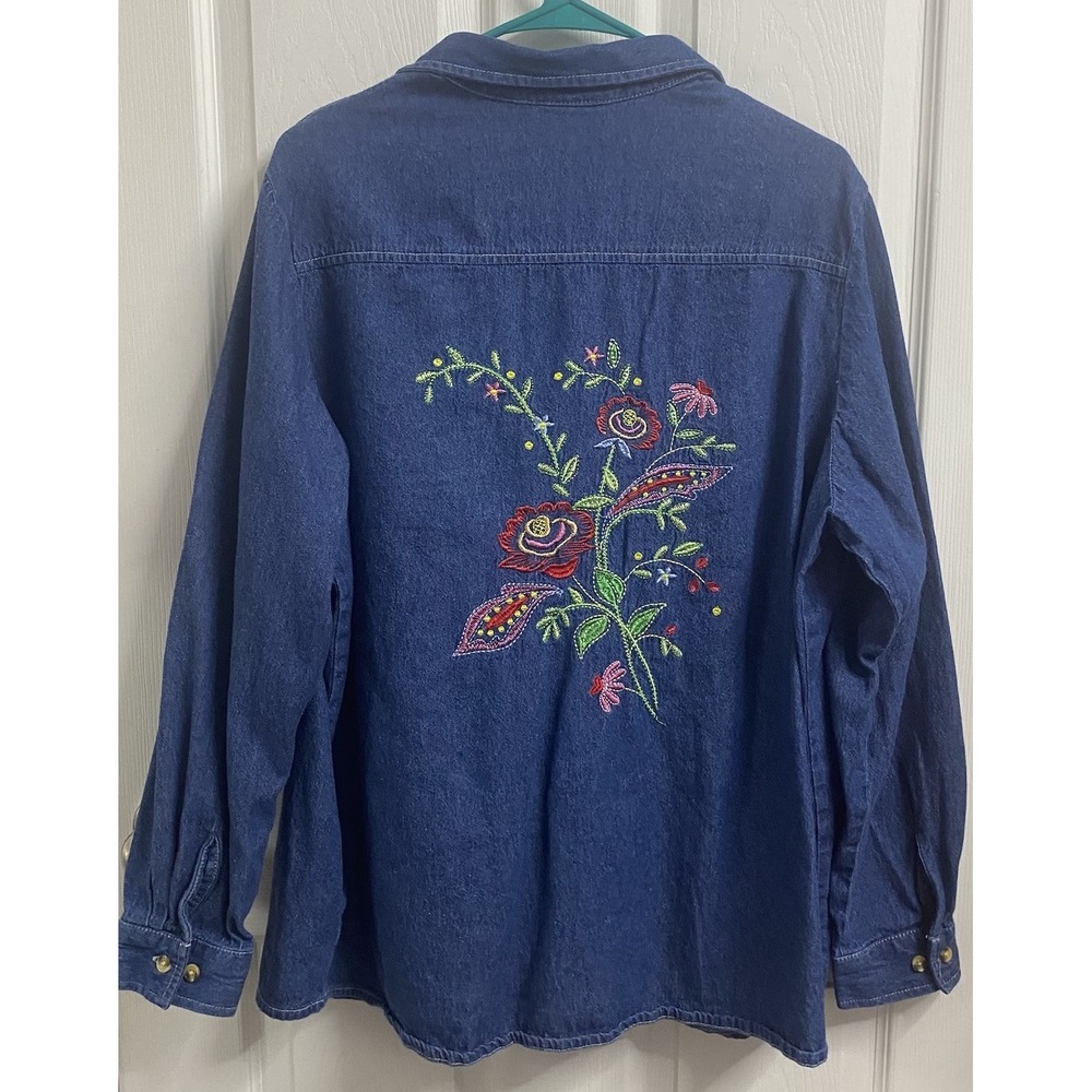 Blair Women Blue Denim Button Up Shirt Flower Leaf Embroidery Cottage Core XL